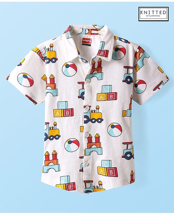 Babyhug Cotton Knit Half Sleeves Shirt With Toys Print - White