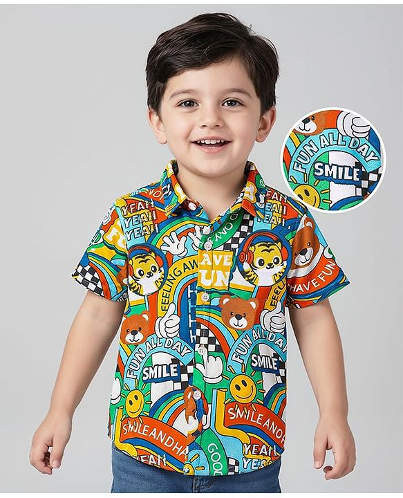 Babyhug Cotton Pique Textured Knit Half Sleeves Shirt with Smiley & Tiger Print - Green