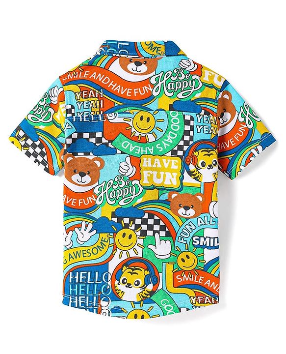 Babyhug Cotton Pique Textured Knit Half Sleeves Shirt with Smiley & Tiger Print - Green