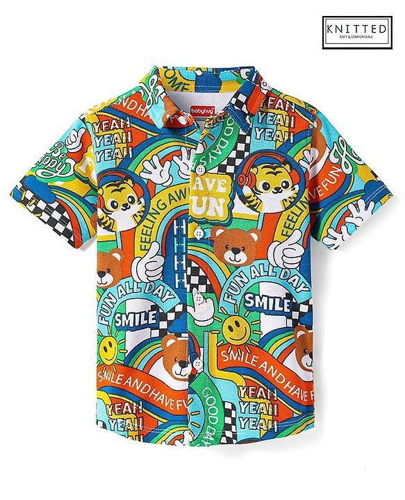 Babyhug Cotton Pique Textured Knit Half Sleeves Shirt with Smiley & Tiger Print - Green