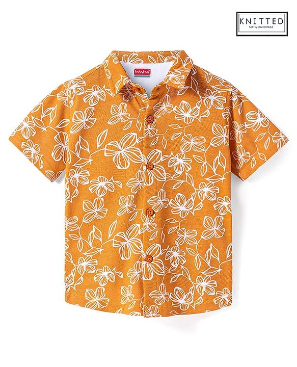 Babyhug Cotton Knit Half Sleeves Shirt With Floral Print - Rust Orange