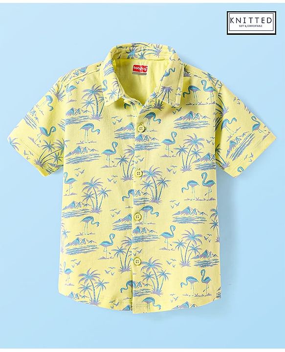 Babyhug Cotton Knit Half Sleeves Shirt With Beach Theme Print - Light Green