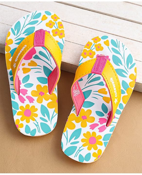 Cute Walk by Babyhug Slip on Flip Flops With Floral Print - Yellow