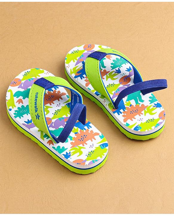 Cute Walk by Babyhug Flip Flops With Dinosaur Print & Backstrap Closure - Green