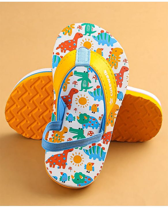 Cute Walk by Babyhug Flip Flops with Dino Print & Back Strap Closure - Yellow
