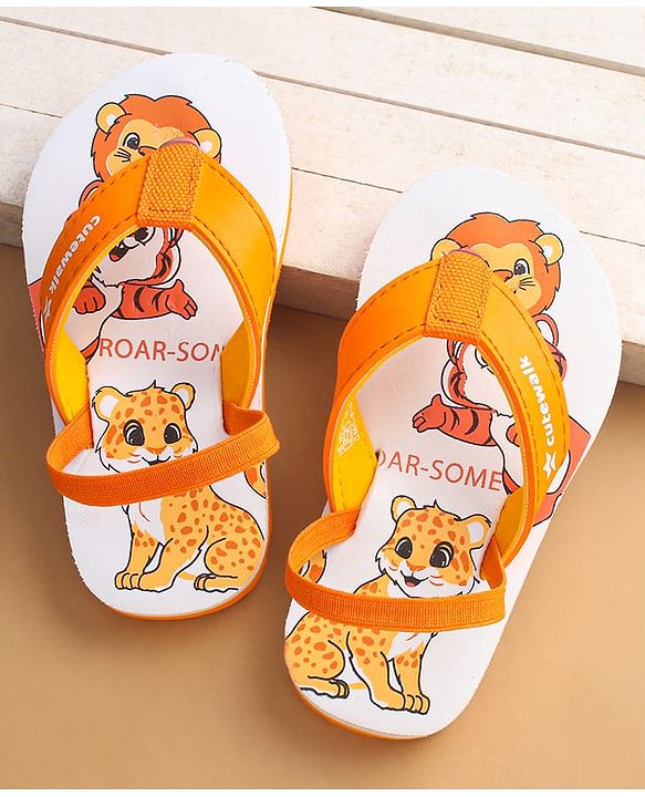 Cute Walk by Babyhug Flip Flops with Animal Print & Back Strap Closure - White