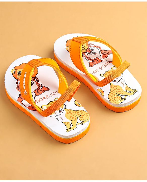 Cute Walk by Babyhug Flip Flops with Animal Print & Back Strap Closure - White