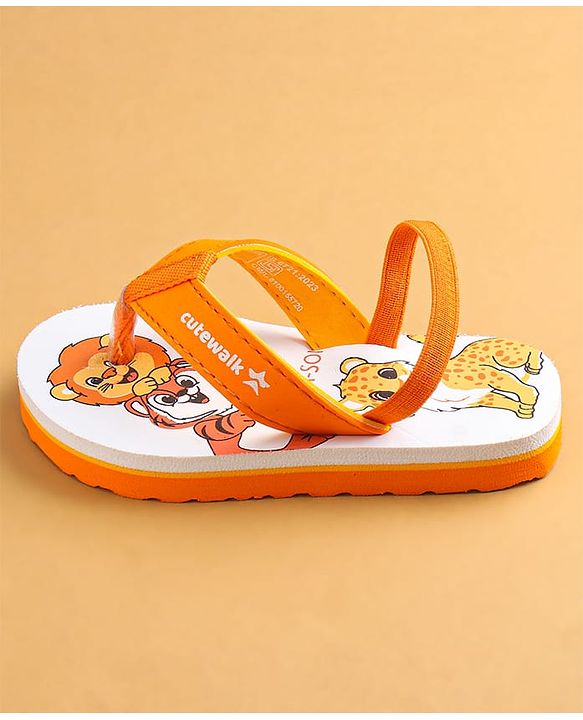 Cute Walk by Babyhug Flip Flops with Animal Print & Back Strap Closure - White