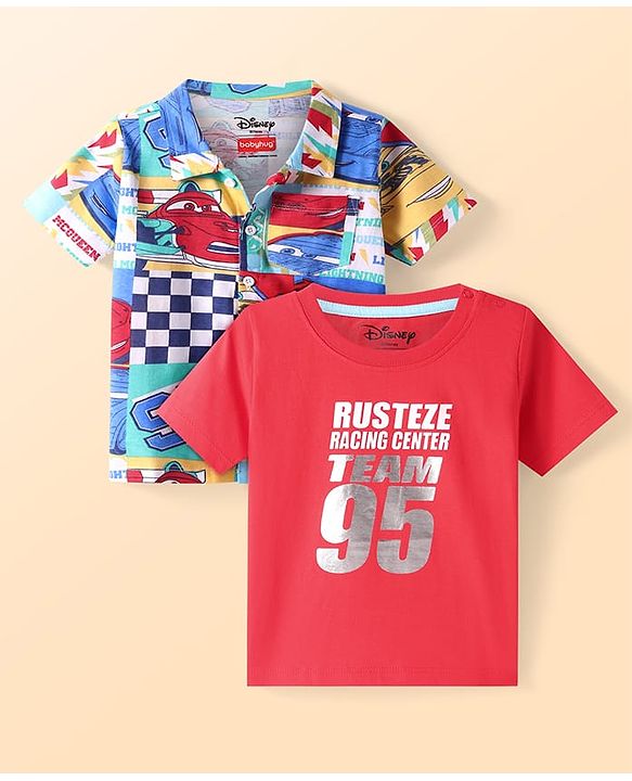 Babyhug Disney Single Jersey Knit Twofer Shirt With T-Shirt Car Print - Red & Blue