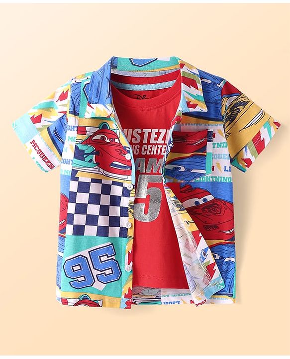 Babyhug Disney Single Jersey Knit Twofer Shirt With T-Shirt Car Print - Red & Blue
