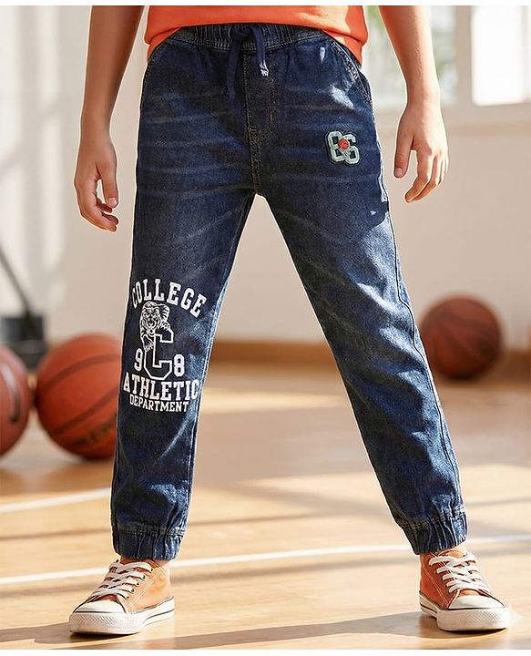 Pine Kids Denim Full Length Washed Jeans With Text Print - Navy Blue