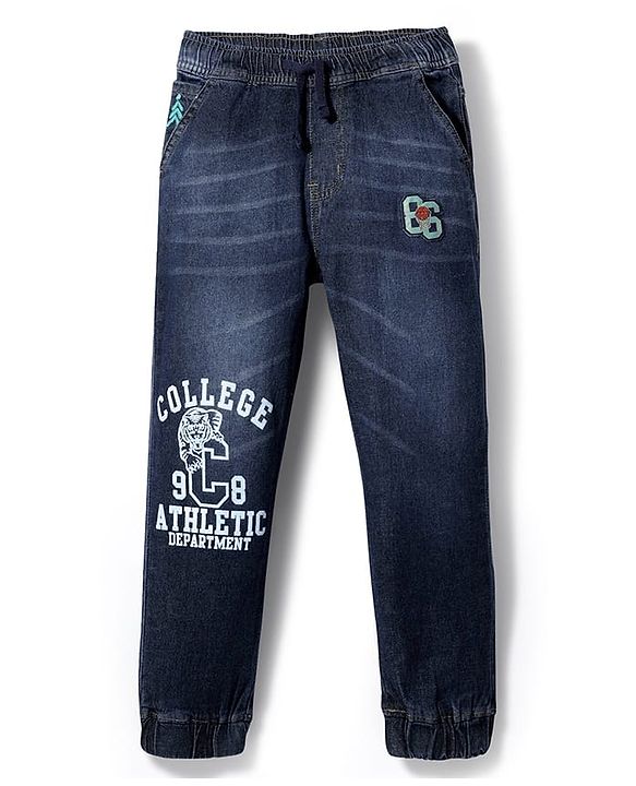 Pine Kids Denim Full Length Washed Jeans With Text Print - Navy Blue