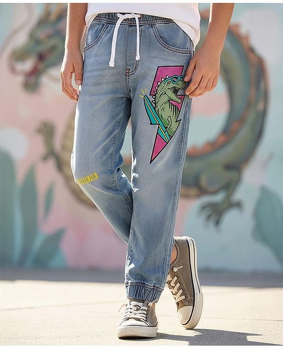 Pine Kids Denim Full Length Washed Jeans With Dino Print - Light Blue.
