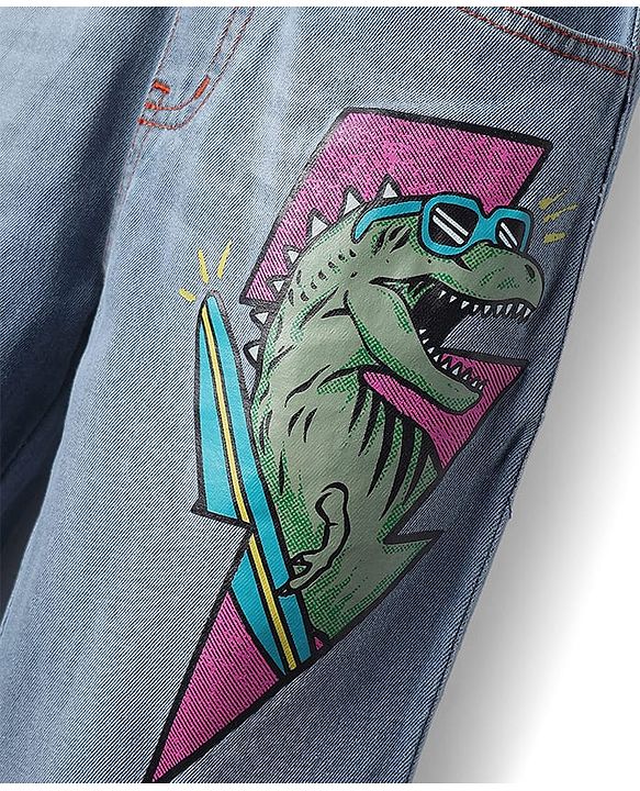 Pine Kids Denim Full Length Washed Jeans With Dino Print - Light Blue.