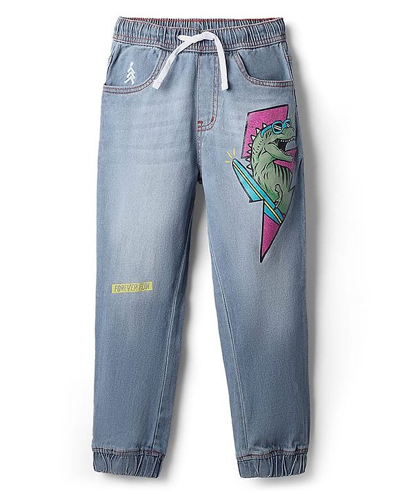 Pine Kids Denim Full Length Washed Jeans With Dino Print - Light Blue.