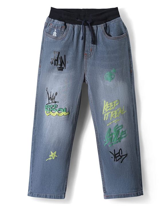Pine Kids Woven Full Length Washed Denim Jeans With Text Print - Blue