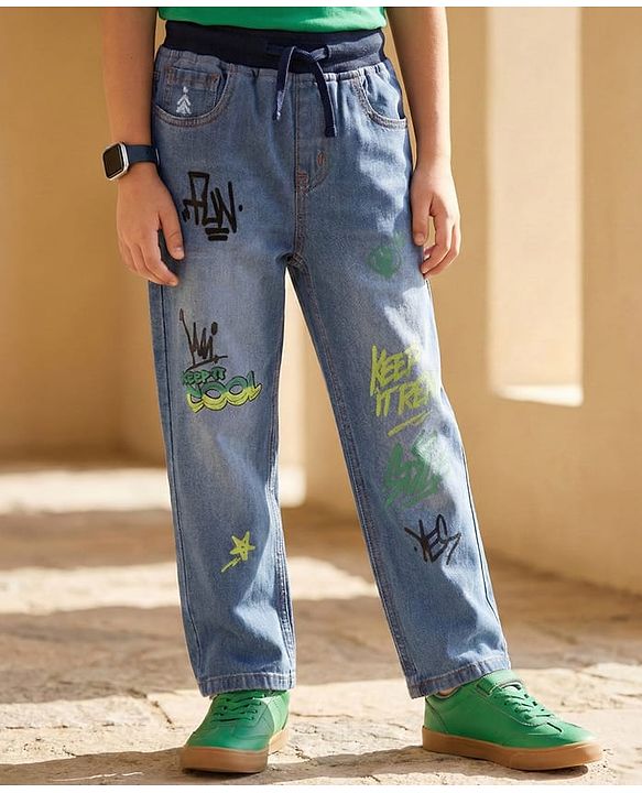 Pine Kids Woven Full Length Washed Denim Jeans With Text Print - Blue