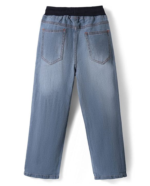 Pine Kids Woven Full Length Washed Denim Jeans With Text Print - Blue