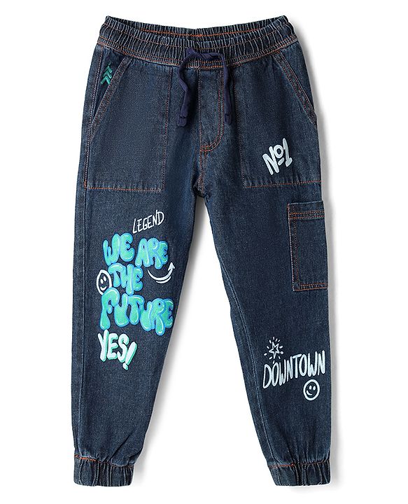Pine Kids Denim Woven Full Length Washed Jeans With Text Print - Navy Blue