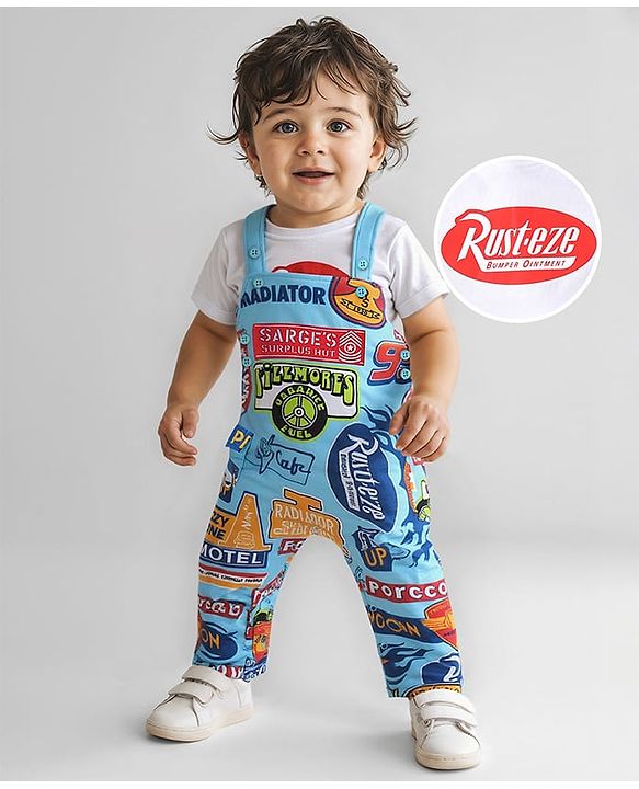 Babyhug Disney Single Jersey Knit Half Sleeves T-Shirt & Dungaree Style Romper Set with Cars Print - Light Blue