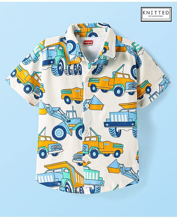 Babyhug Cotton Knit Half Sleeves Shirt With Vehicle Print - White