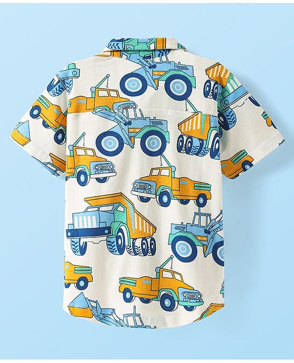 Babyhug Cotton Knit Half Sleeves Shirt With Vehicle Print - White