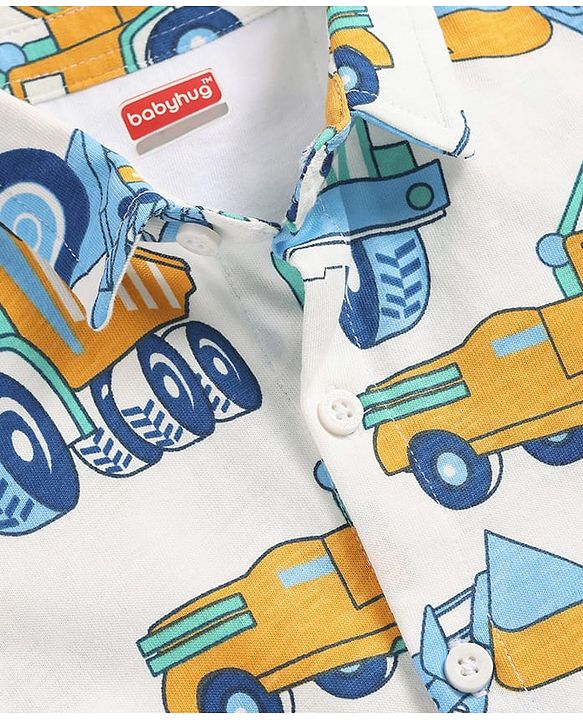 Babyhug Cotton Knit Half Sleeves Shirt With Vehicle Print - White