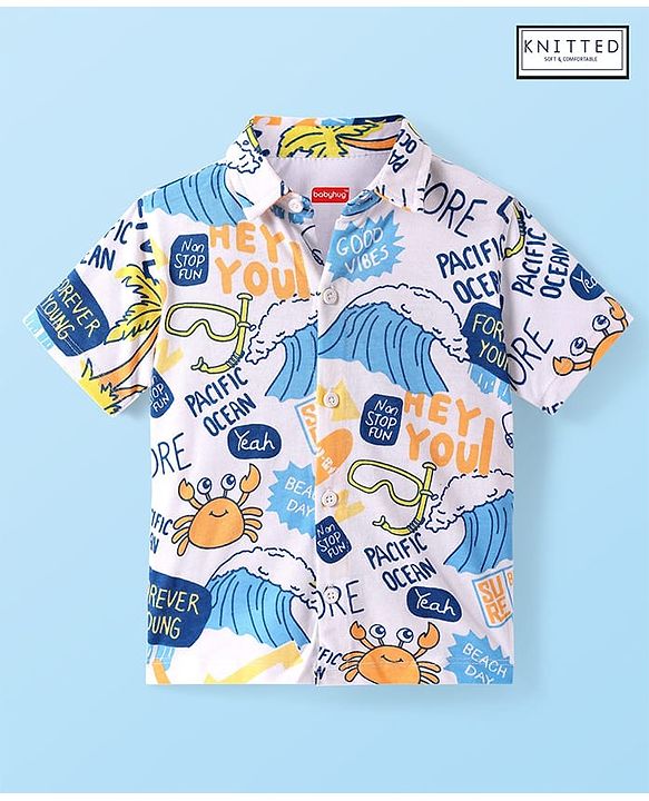 Babyhug Cotton Knit Half Sleeves Shirt with Beach Theme Print - White