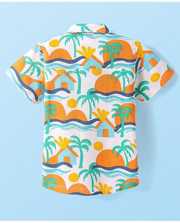 Babyhug Cotton Pique Textured Knit Half Sleeves Shirt With Beach Theme Print - White