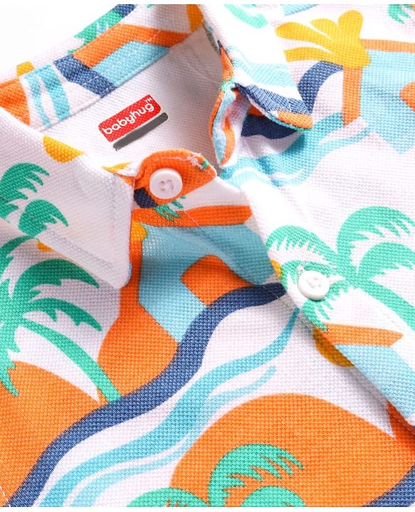 Babyhug Cotton Pique Textured Knit Half Sleeves Shirt With Beach Theme Print - White