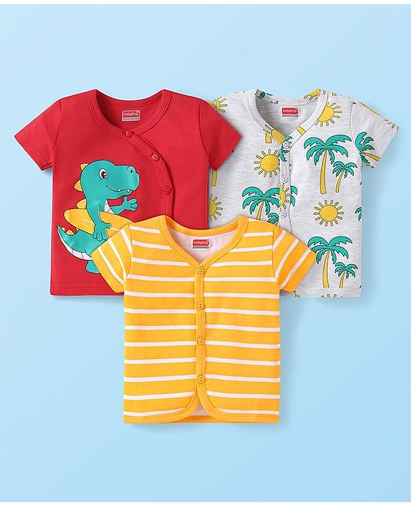 Babyhug 100% Cotton Knit Front Open Vests with Dino & Tree Print Pack of 3 - Orange Red & Grey