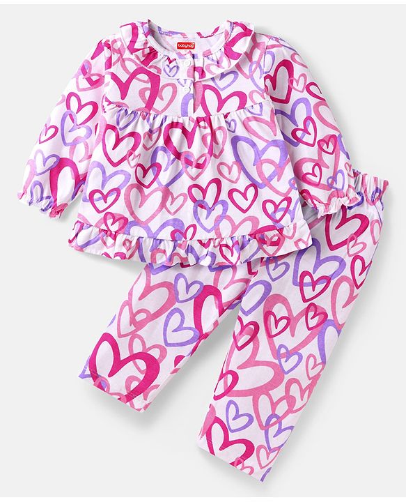 Babyhug Cotton Knit Full Sleeves Night Suit with Hearts Print - White