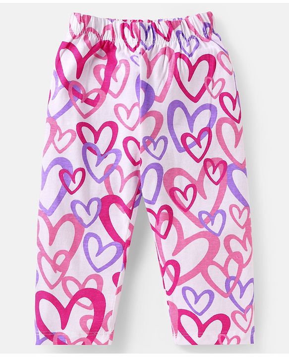 Babyhug Cotton Knit Full Sleeves Night Suit with Hearts Print - White