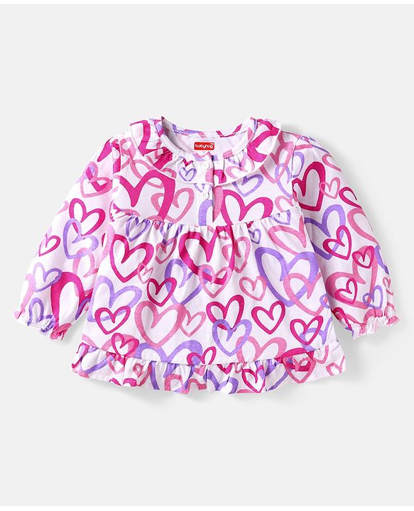 Babyhug Cotton Knit Full Sleeves Night Suit with Hearts Print - White