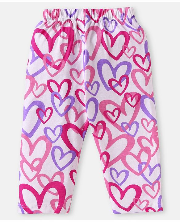 Babyhug Cotton Knit Full Sleeves Night Suit with Hearts Print - White