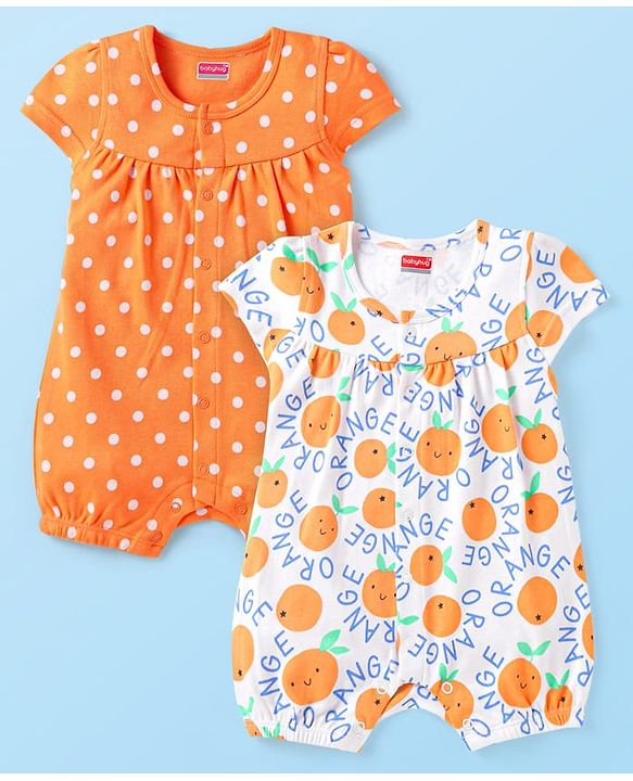 Babyhug Interlock Knit Half Sleeves Rompers With Fruit & Polka Dot Print Pack of 2 - Orange & White
