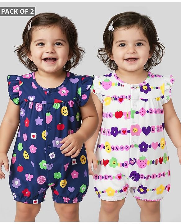 Babyhug 100% Cotton Interlock Knit Frill Sleeves Rompers With Tropical Theme Print Pack Of 2 - Navy Blue & White
