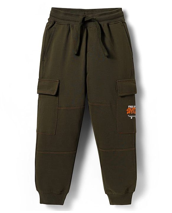 Pine Kids Cotton Knit Full Length Lounge Pant With Skating Print & Cargo Pockets - Olive Green
