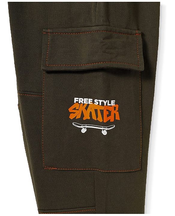 Pine Kids Cotton Knit Full Length Lounge Pant With Skating Print & Cargo Pockets - Olive Green