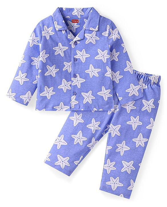 Babyhug Cotton Knit Full Sleeves Nightsuit with Star Print - White & Blue