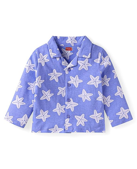 Babyhug Cotton Knit Full Sleeves Nightsuit with Star Print - White & Blue