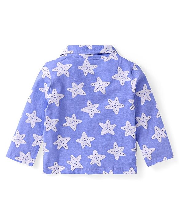 Babyhug Cotton Knit Full Sleeves Nightsuit with Star Print - White & Blue