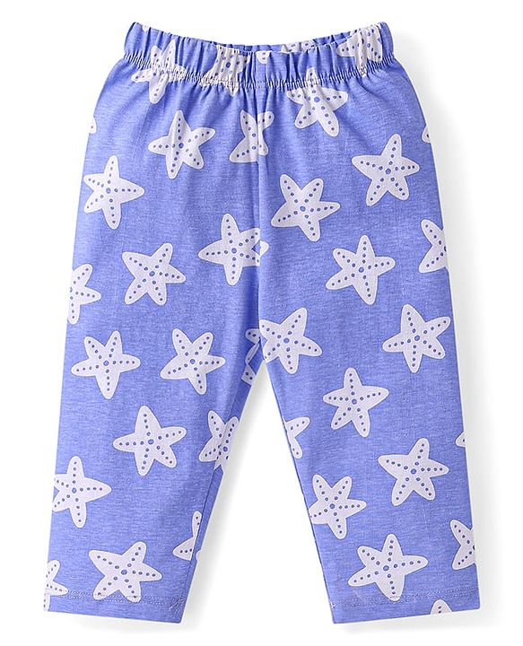 Babyhug Cotton Knit Full Sleeves Nightsuit with Star Print - White & Blue