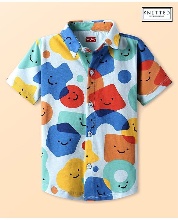 Babyhug Cotton Knit Half Sleeves Shirt With Shapes Print - White