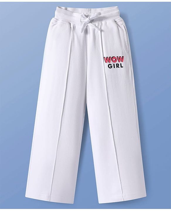 Pine Kids Cotton Knit Full Length Lounge Pants with WOW Girl Print - White