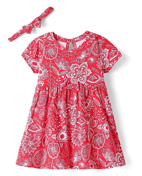 Babyhug Single Jersey Knit Half Sleeves Floral Printed Frock & Headband with Bow Applique - Red