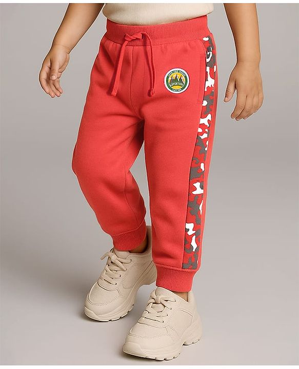 Babyhug Terry Knit Full Length Lounge Pants with Bagde & Tape - Red