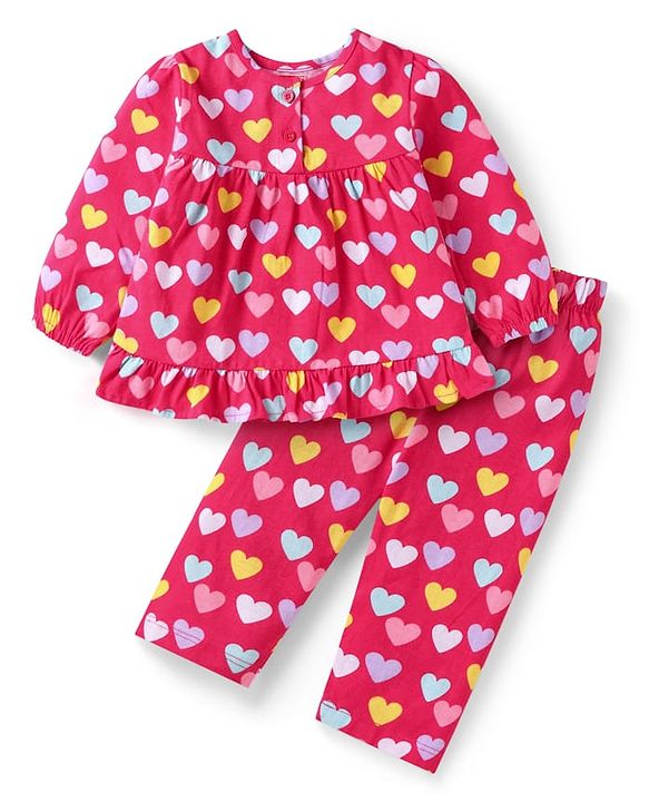 Babyhug Cotton Knit Full Sleeves Night Suit with Hearts Print - Red