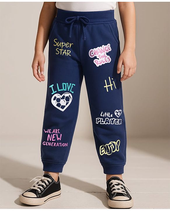 Babyhug Terry Knit Full Length Lounge Pant with I Love Text Print - Navy Blue