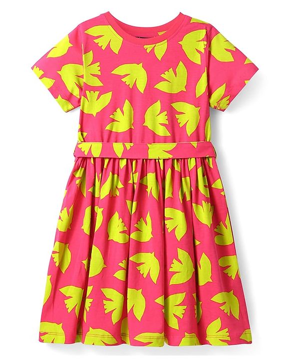 Pine Kids Cotton Knit Half Sleeves Frock with Birds Print - Dark Pink